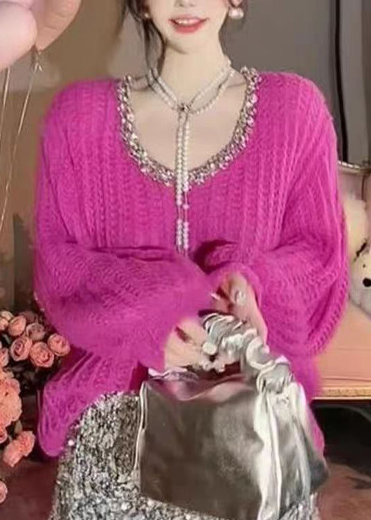 Rose Nail Bead Patchwork Knit Sweaters Long Sleeve