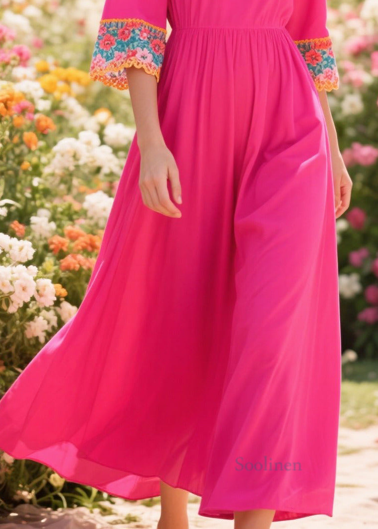 Rose O-neck Patchwork Cotton Robe Dresses Summer