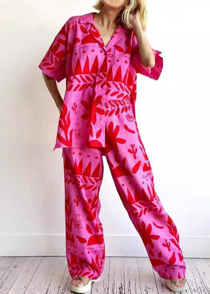 Rose Print Shirts and Wide Leg Pants Two Pieces Set Short Sleeve