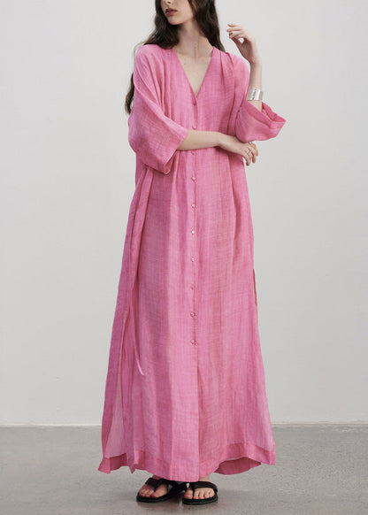 Rose V Neck Button Pockets Linen Dress Summer