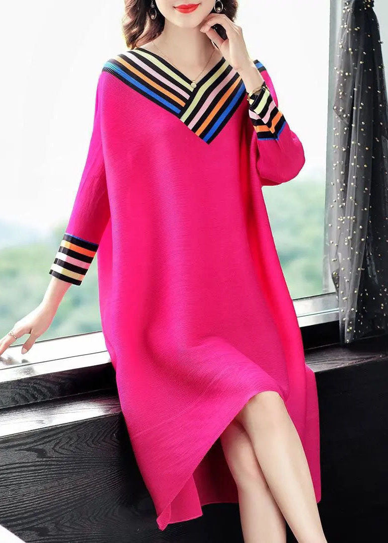 Rose V Neck Patchwork Cotton Holiday Dress Long Sleeve