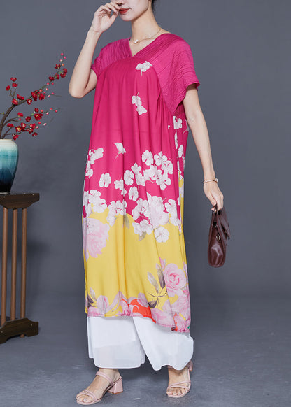 Rose V Neck Patchwork Print Silk Beach Dress Summer