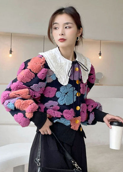 Rose Flower Button Faux Fur Winter Coat