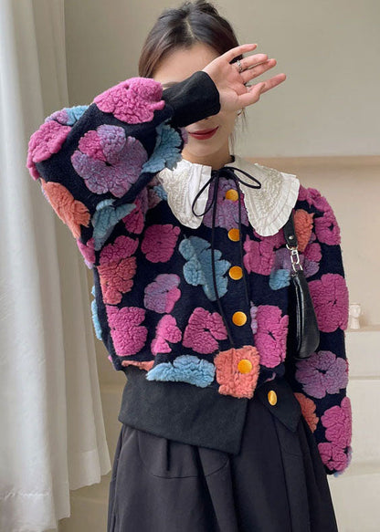 Rose Flower Button Faux Fur Winter Coat