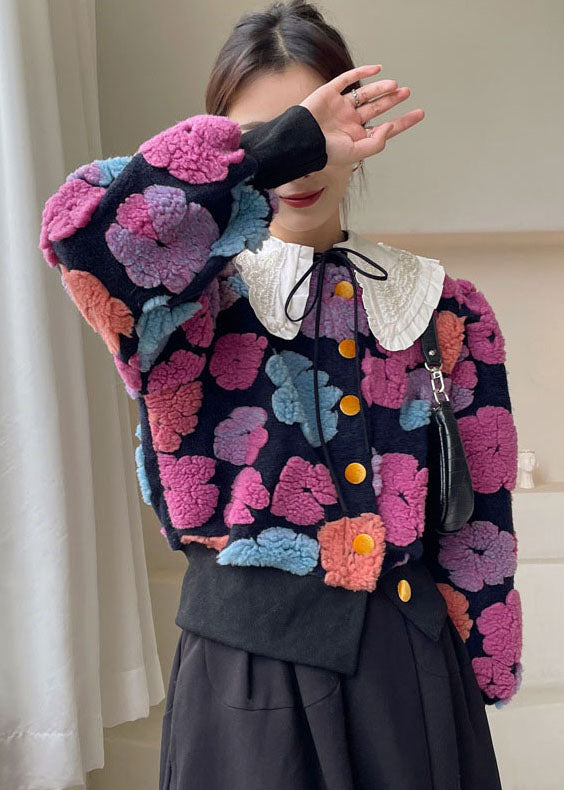 Rose Flower Button Faux Fur Winter Coat