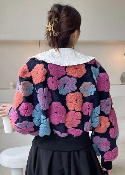 Rose Flower Button Faux Fur Winter Coat