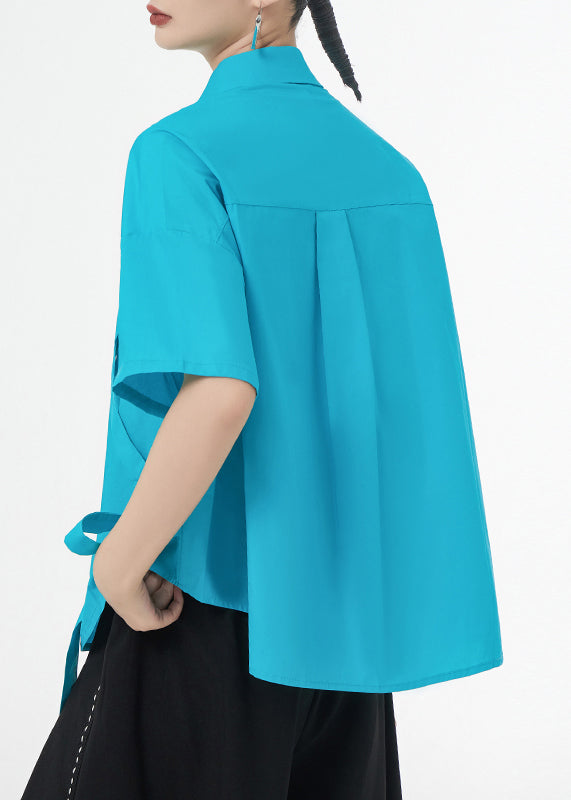 Royal Blue Tasseled Button Patchwork Cotton Shirts Summer