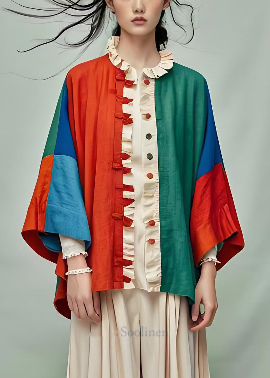 Ruffled Patchwork Cotton Cardigans Bracelet Sleeve