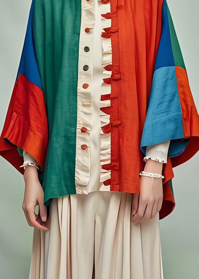 Ruffled Patchwork Cotton Cardigans Bracelet Sleeve
