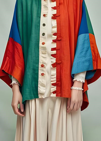 Ruffled Patchwork Cotton Cardigans Bracelet Sleeve