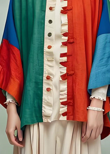 Ruffled Patchwork Cotton Cardigans Bracelet Sleeve