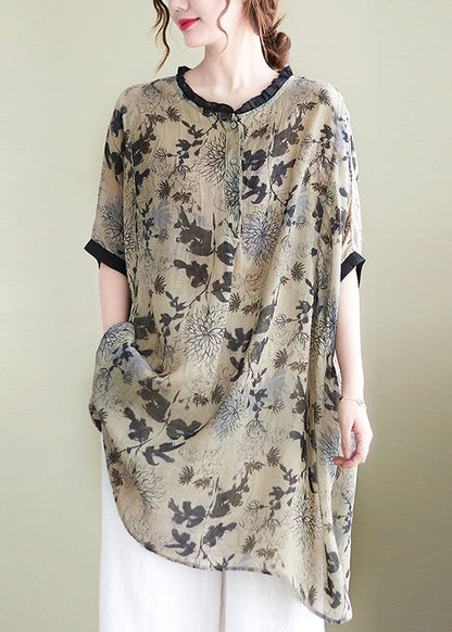 Ruffled Side Open Print Linen Long Shirts Batwing Sleeve