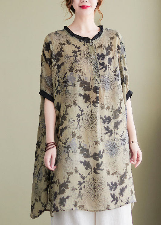 Ruffled Side Open Print Linen Long Shirts Batwing Sleeve