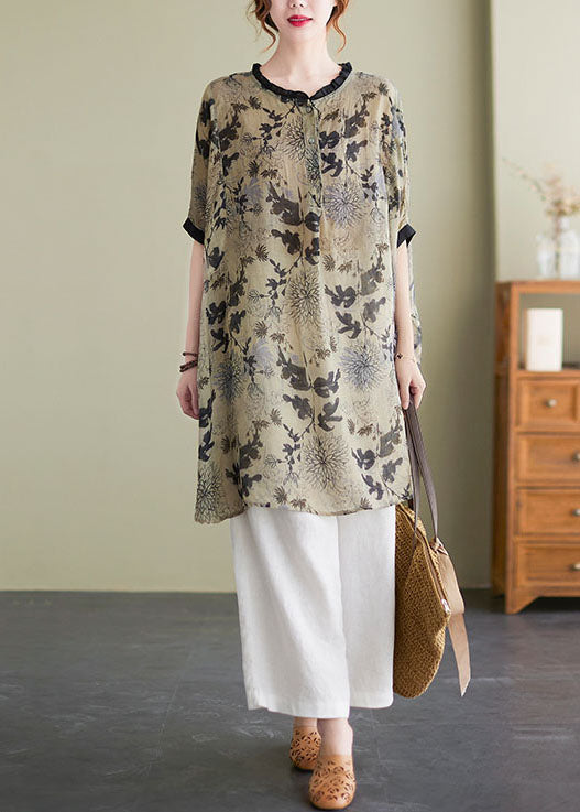 Ruffled Side Open Print Linen Long Shirts Batwing Sleeve