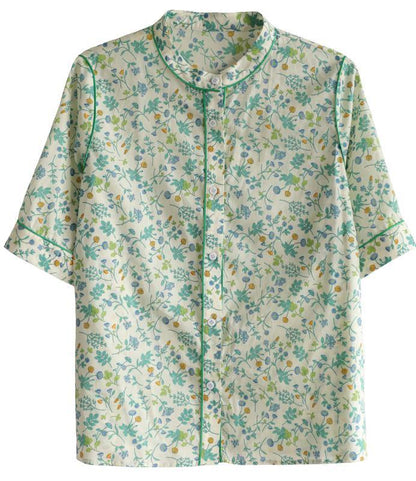 Short Sleeve Green Print Cotton Blouses