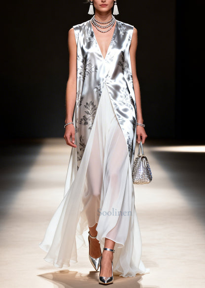 Silvery Print Patchwork Chiffon Fake Two Piece Dress Sleeveless