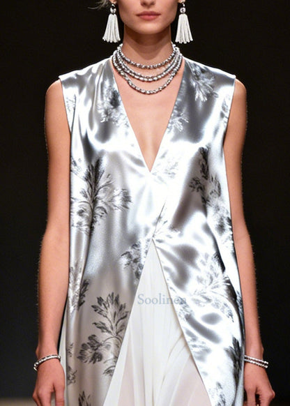 Silvery Print Patchwork Chiffon Fake Two Piece Dress Sleeveless