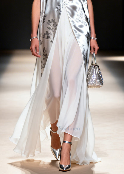 Silvery Print Patchwork Chiffon Fake Two Piece Dress Sleeveless