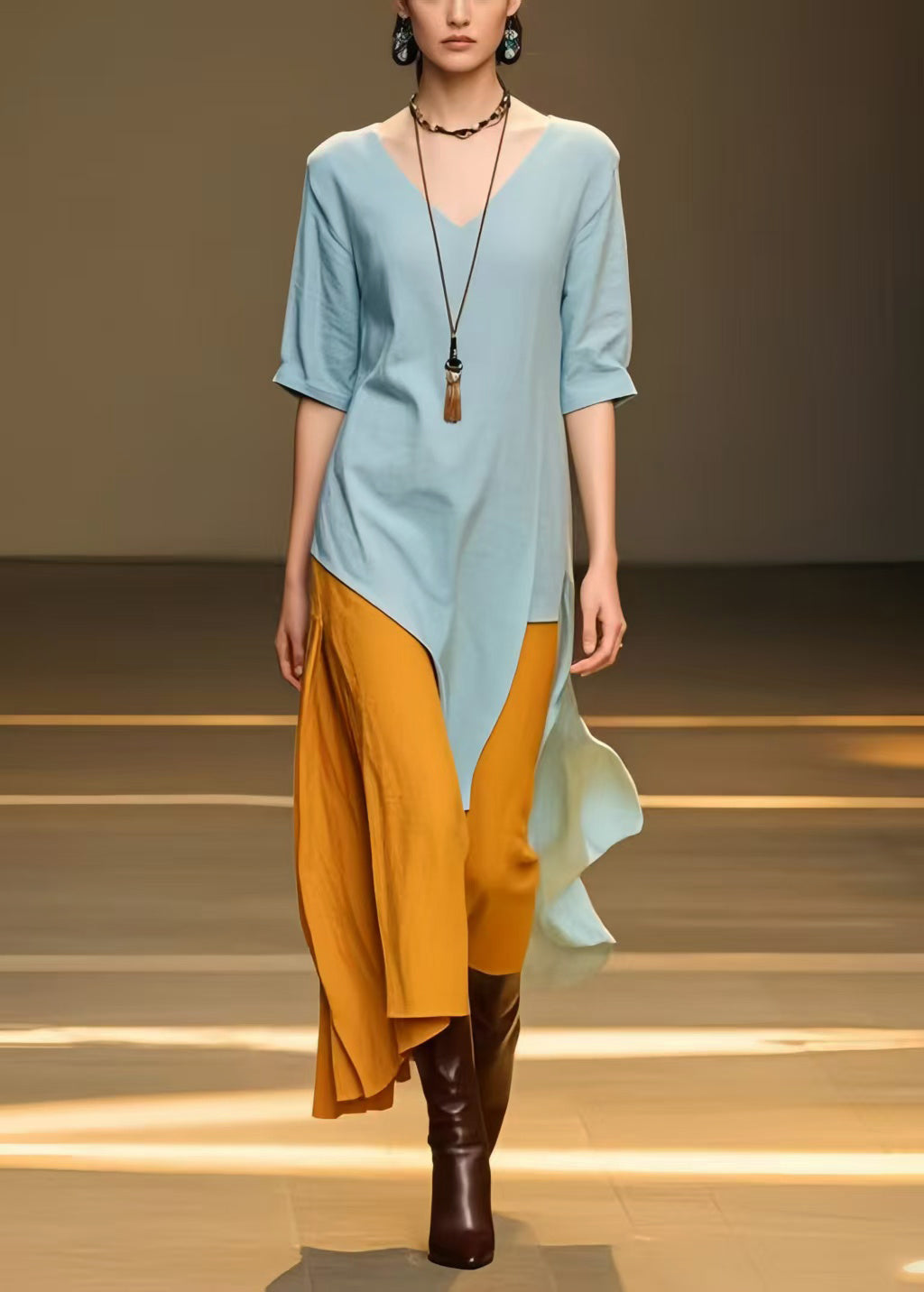 Sky Blue Asymmetrical Patchwork Cotton Long Dress Summer