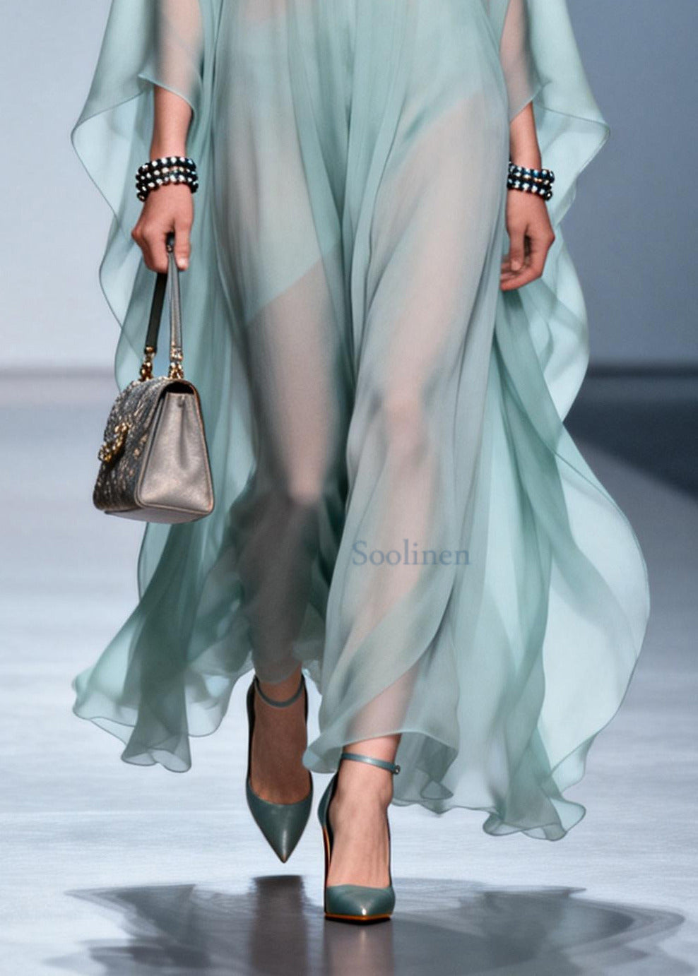 Sky Blue Print Draping Chiffon Maxi Dress Batwing Sleeve