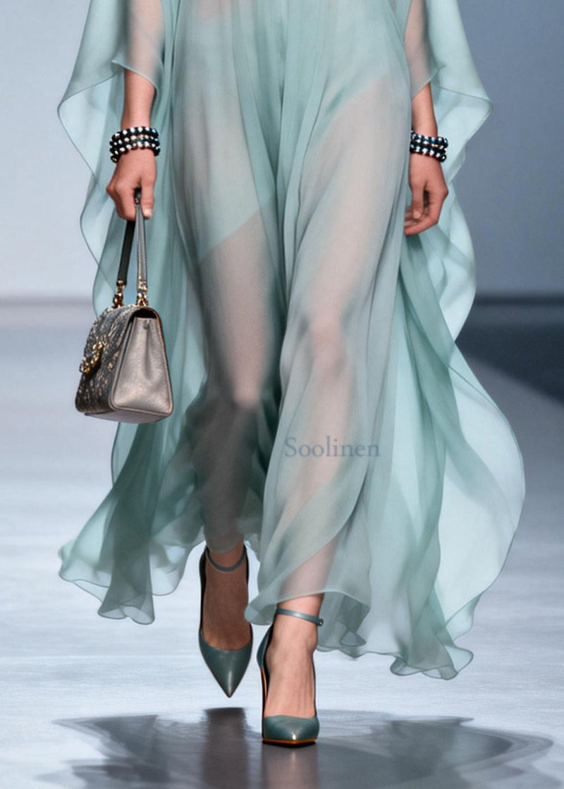 Sky Blue Print Draping Chiffon Maxi Dress Batwing Sleeve