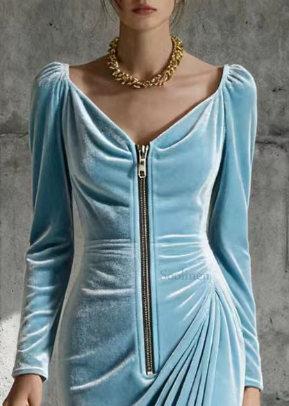 Sky Blue Zip Up Wrinkled Silk Velvet Maxi Dresses Spring