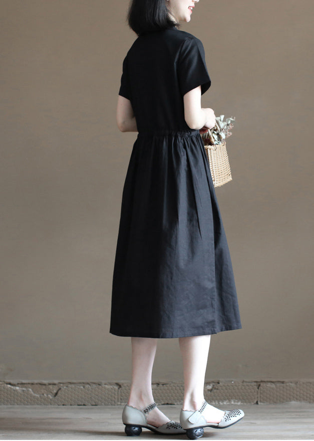 Black Drawstring Peter Pan Collar Button Cotton Linen Shirt Dress Short Sleeve