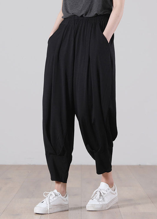 Black Elastic Waist Wrinkled Pockets Cotton Harem Pants Fall