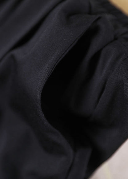 Black Elastic Waist Wrinkled Pockets Cotton Harem Pants Fall