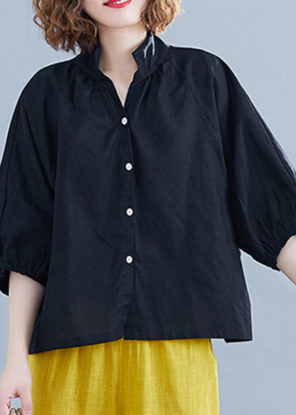 Black Stand Collar Button Cotton Shirt Half Sleeve