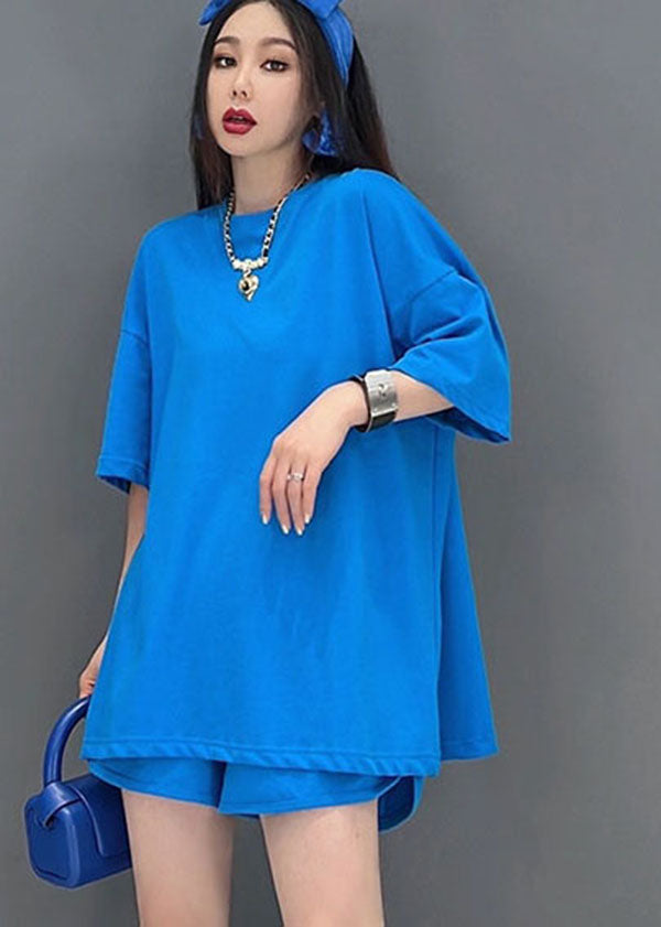 Blue O-neck Backless Cotton Tanks and Shorts Two-piece Set Summer