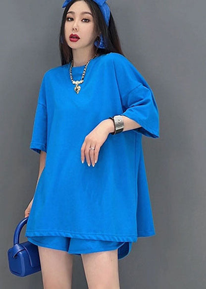 Blue O-neck Backless Cotton Tanks and Shorts Two-piece Set Summer