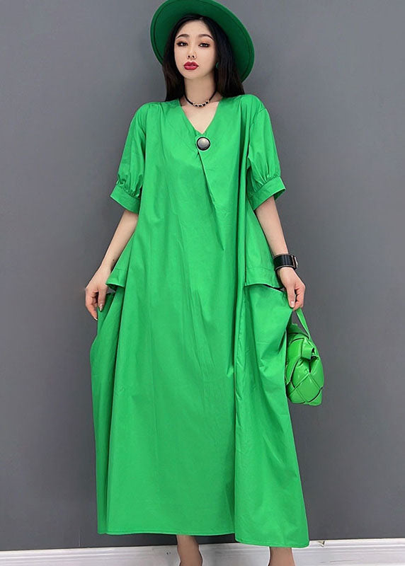 Green V Neck Big Pockets Cotton Maxi Dress Short Sleeve