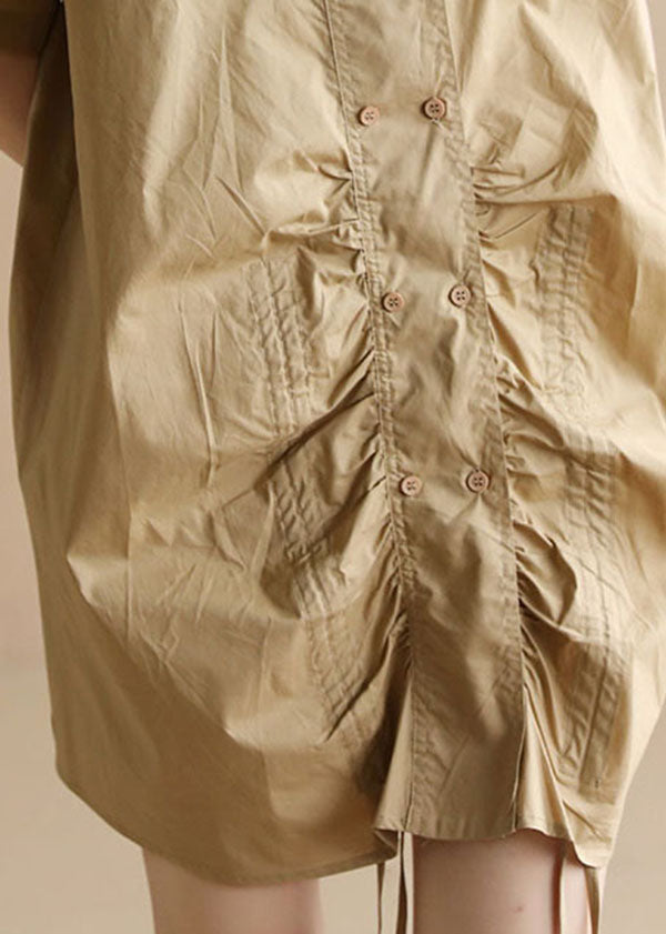 Khaki Peter Pan Collar Drawstring Double Breast Cotton Dresses Short Sleeve