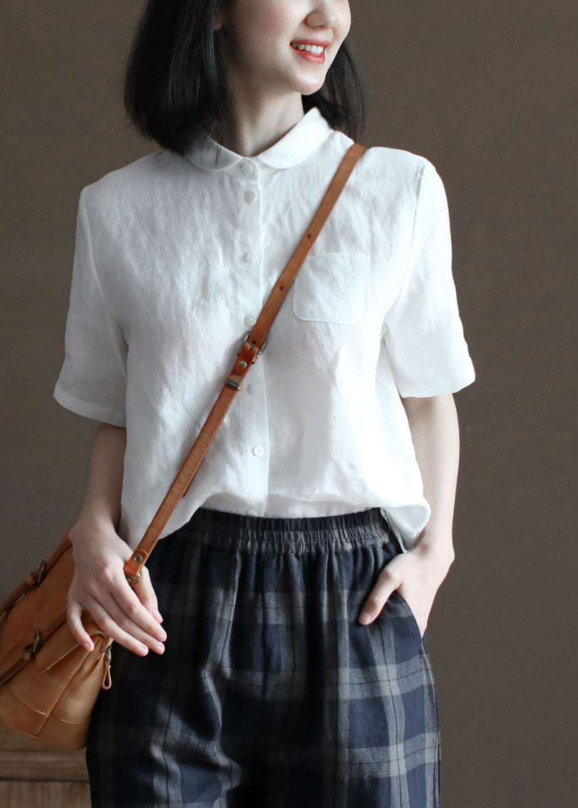 White Peter Pan Collar Pocket Linen Shirts Half Sleeve