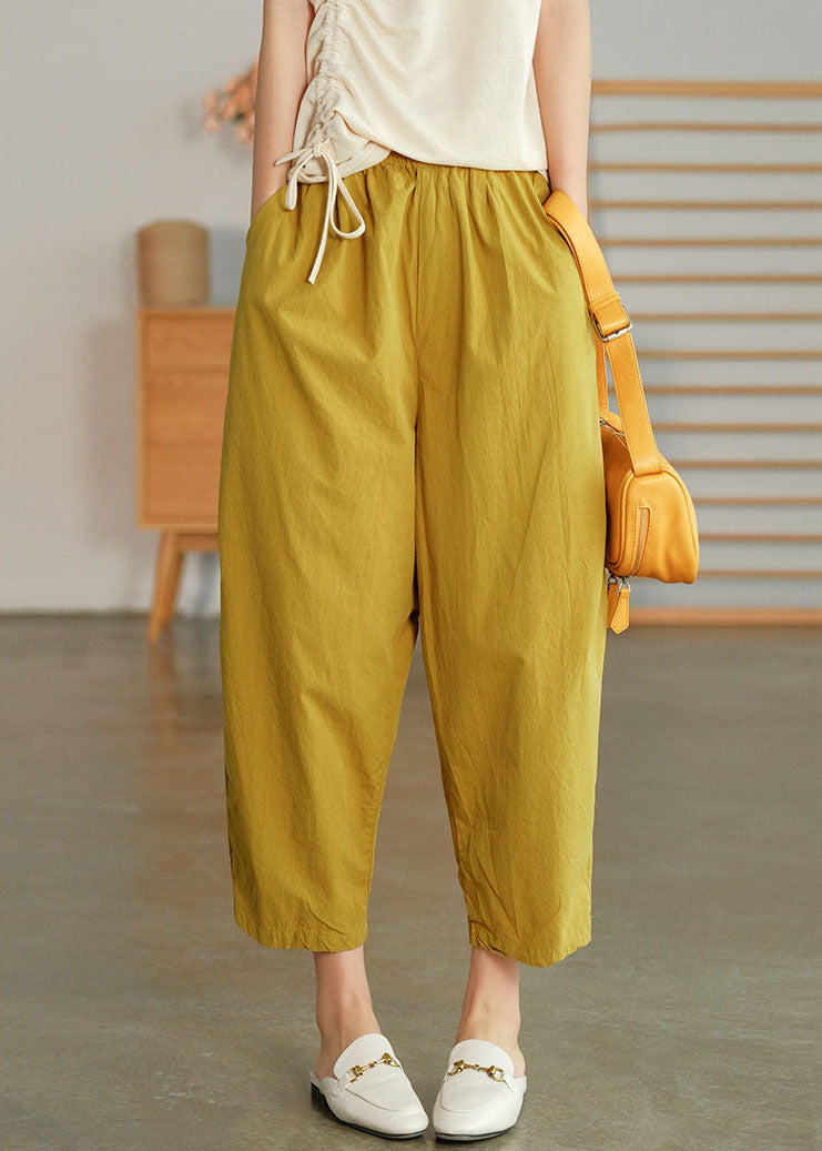 Yellow Elastic Waist Wrinkled Pockets Linen Crop Pants Summer