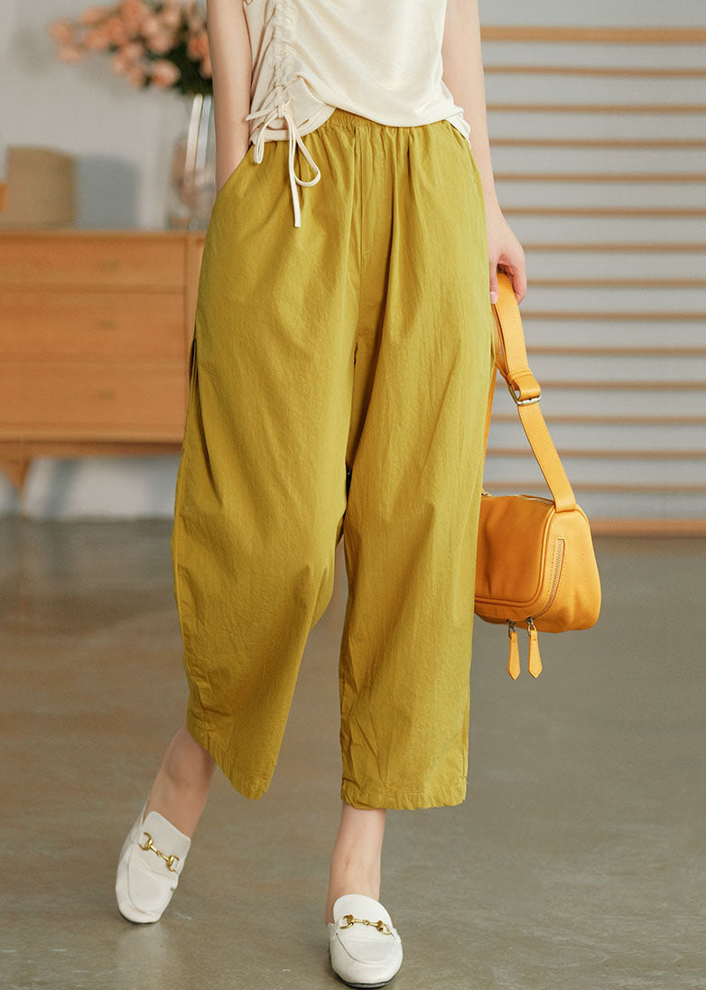 Yellow Elastic Waist Wrinkled Pockets Linen Crop Pants Summer