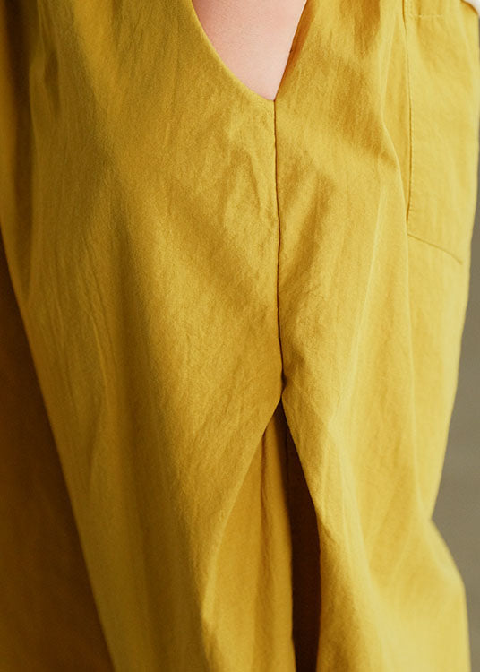 Yellow Elastic Waist Wrinkled Pockets Linen Crop Pants Summer