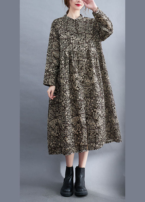 Stand Collar Button Print Patchwork Fall Maxi Dresses Long Sleeve
