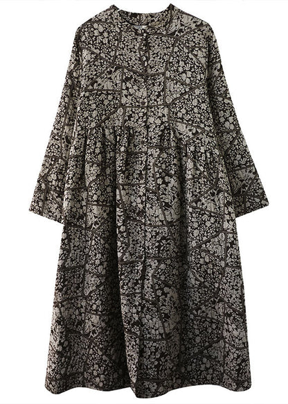 Stand Collar Button Print Patchwork Fall Maxi Dresses Long Sleeve
