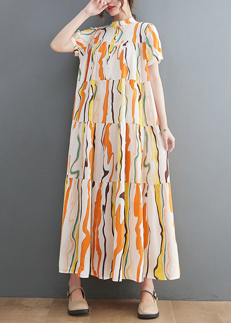 Stand Collar Exra Large Hem Print Cotton Ankle Dress Summer