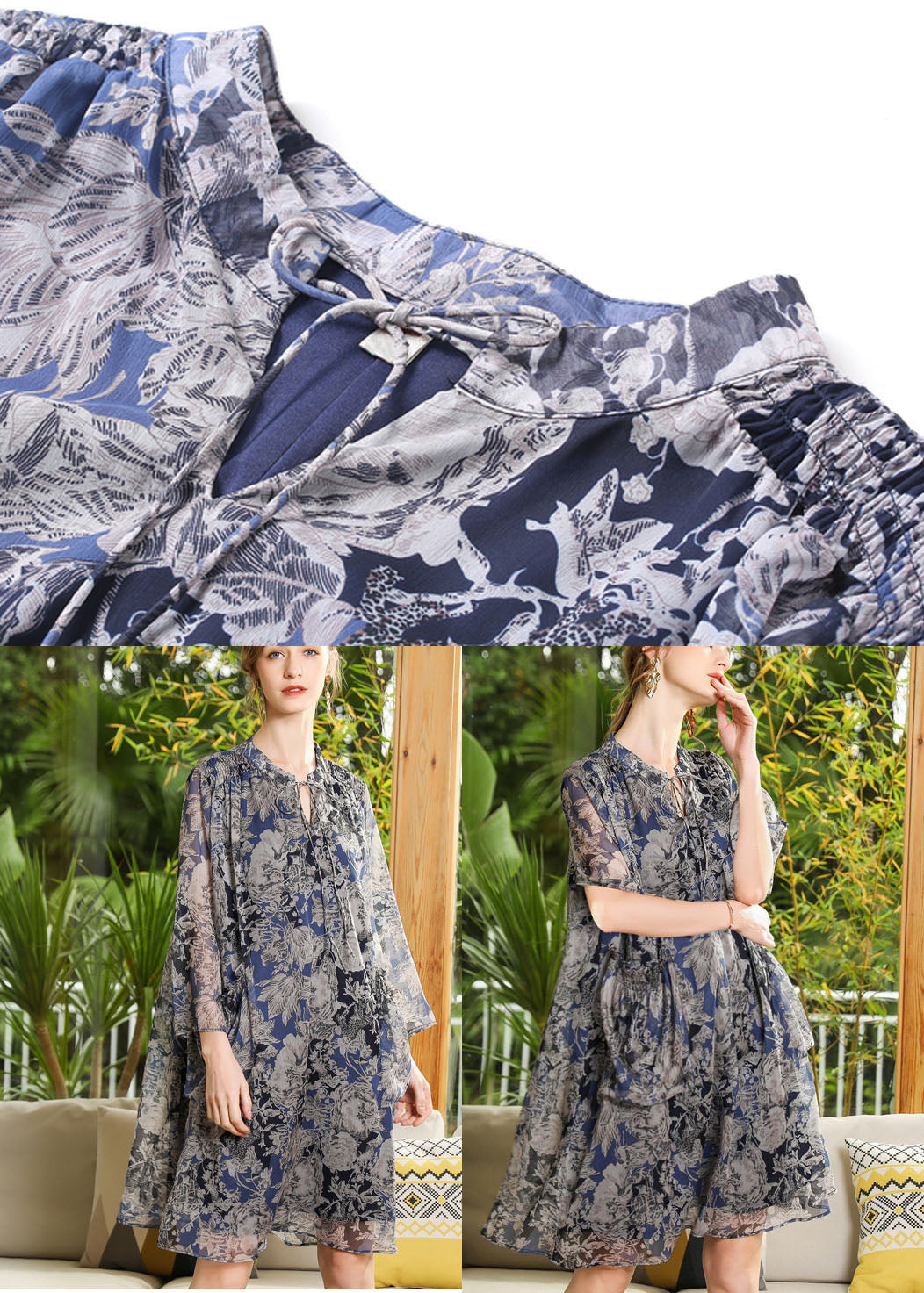 Stand Collar Oversized Print Chiffon Holiday Dress Long Sleeve