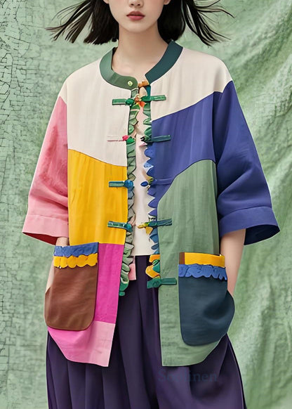 Stand Collar Pockets Chinese Button Cotton Shirts Coat Summer