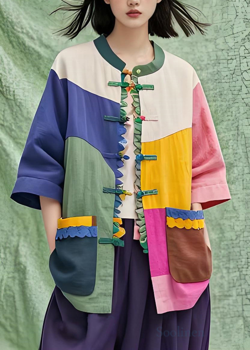 Stand Collar Pockets Chinese Button Cotton Shirts Coat Summer