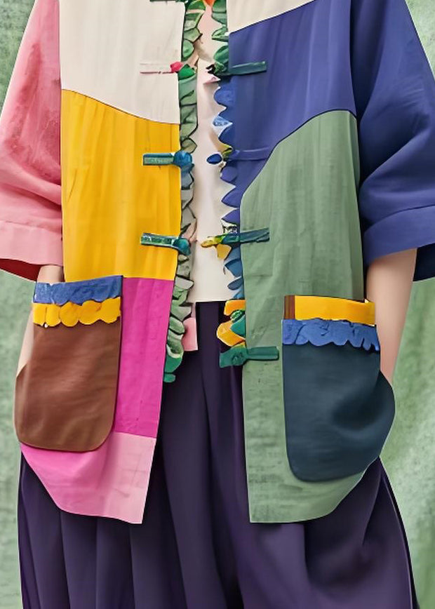Stand Collar Pockets Chinese Button Cotton Shirts Coat Summer