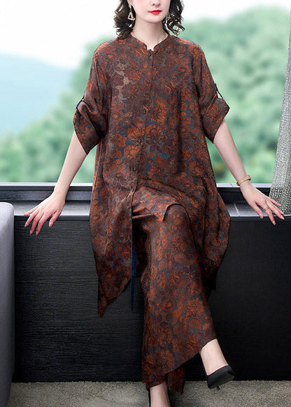 Stand Collar Print Low High Design Long Top and Wide Leg Pants Two Pieces Set Summer