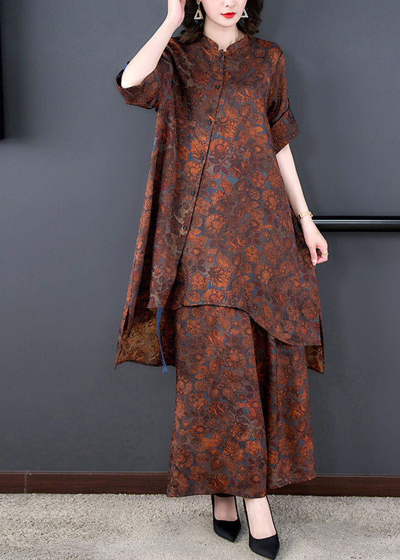 Stand Collar Print Low High Design Long Top and Wide Leg Pants Two Pieces Set Summer