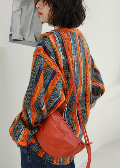 Striped O Neck Patchwork Knitted Cotton Thread Tops Long Sleeve