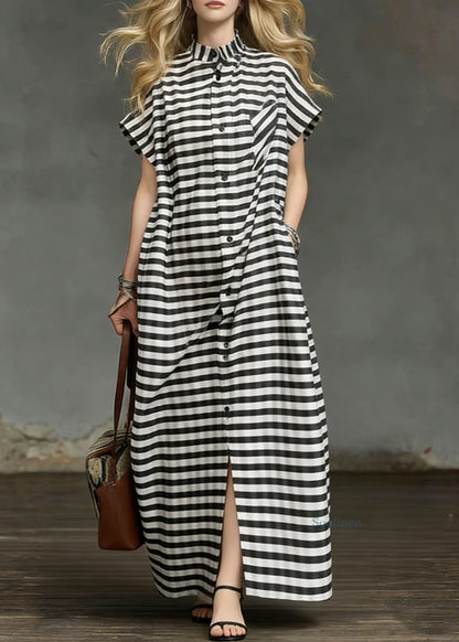 Striped Pockets Side Open Cotton Long Dresses Summer