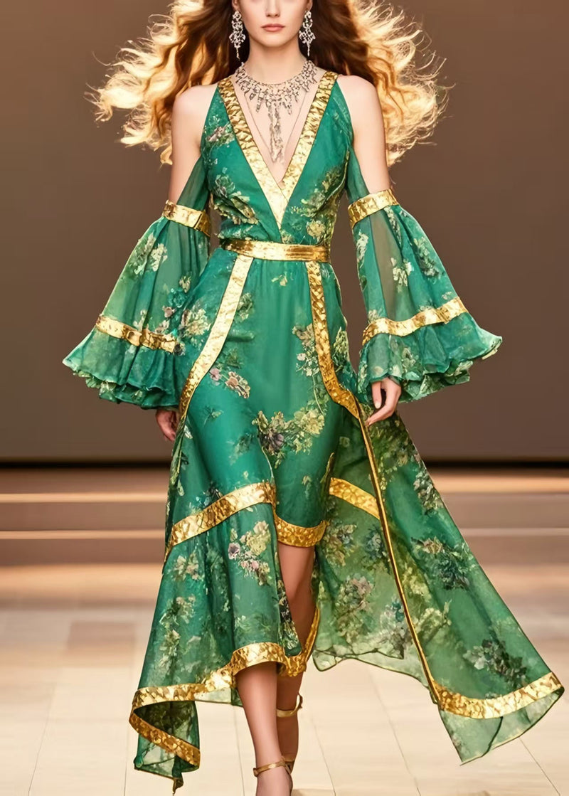 Tea Green Cold Shoulder Print Chiffon Ankle Dress Flare Sleeve